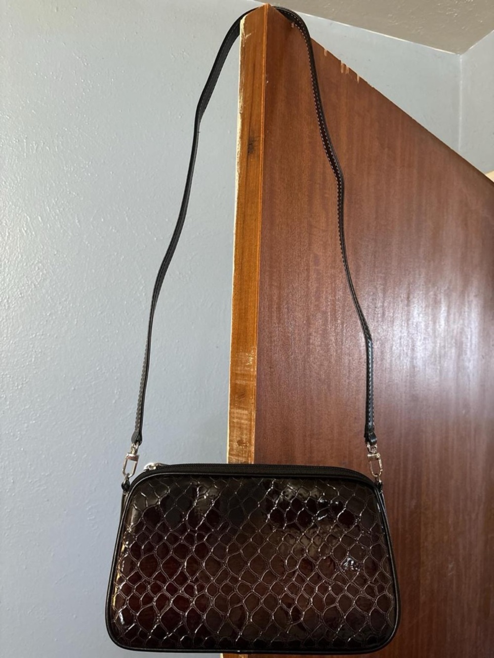 Vittorio Black Croc-Embossed Patent Crossbody Bag